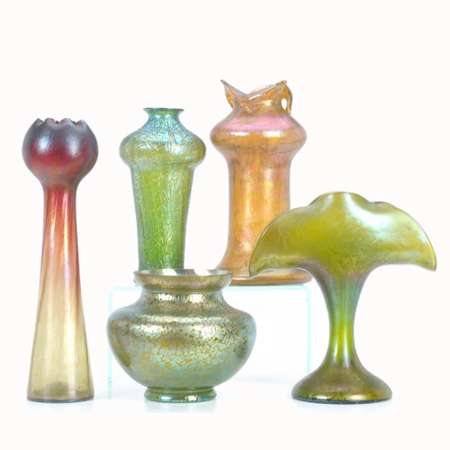 Appraisal: AUSTRIAN ART NOUVEAU Five various vases including a Loetz-type vase