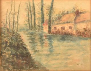 Appraisal: Cottage and Stream Watercolor Painting Late th Early th Century