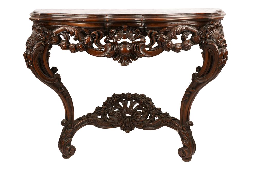 Appraisal: CARVED PARQUETRY TOP WALL CONSOLE th Century with removable top