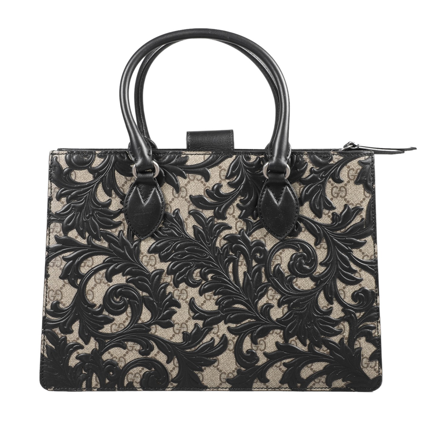 Appraisal: Gucci gusset tote arabesque medium comprised of taupe and brown