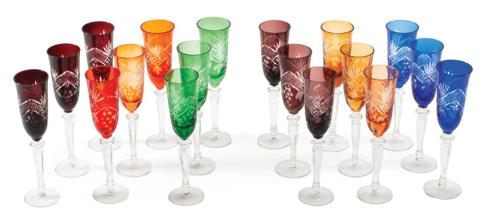 Appraisal: Eighteen Bohemian Cut-to-Clear Glass Goblets variously blue green cranberry amber