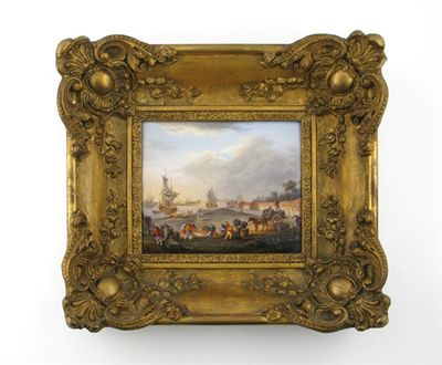 Appraisal: A Continental porcelain rectangular plaque painted with merchants in a