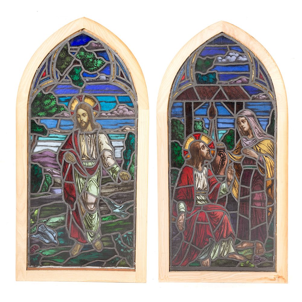 Appraisal: Two religious themed stained glass windows late th century lead