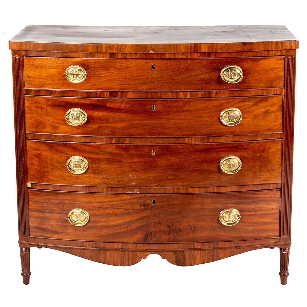 Appraisal: Federal Mahogany Bow-Front Chest Pennsylvania circa with reeded supports and