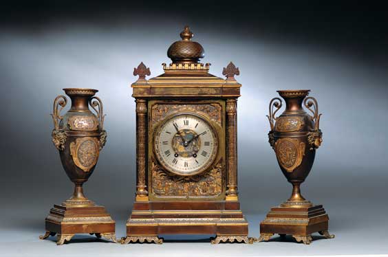 Appraisal: ANTIQUE THREE-PIECE CLOCK SET Antique English mixed-metal parcel-gilt three-piece clock