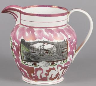 Appraisal: Large Sunderland pink lustre pitcher th c depicting the Iron