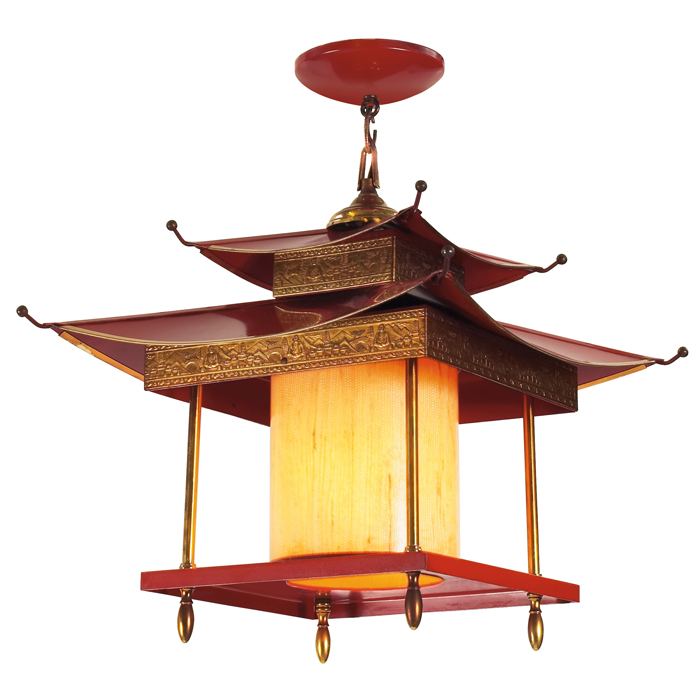 Appraisal: Atlas Lighting pagoda lantern USA s red enameled metaland brass