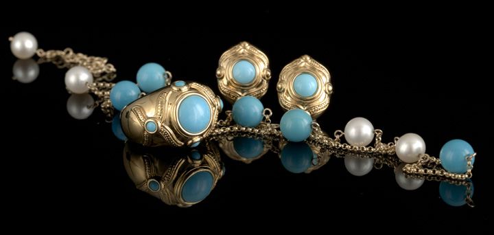 Appraisal: Group of Fourteen-Karat Yellow Gold Turquoise and Pearl Jewelry comprised