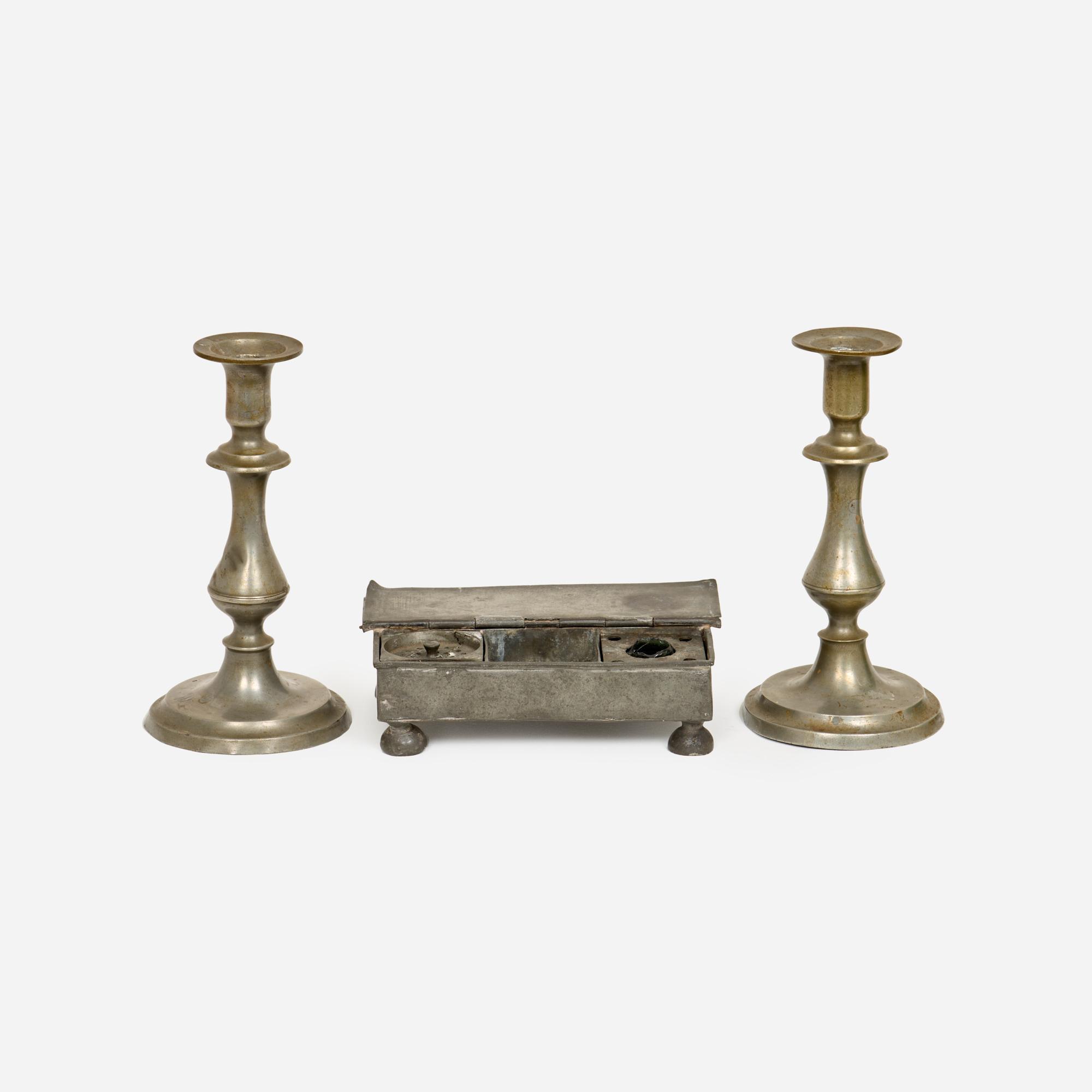 Appraisal: EARLY PEWTER DESK STAND WITH CANDLE HOLDERS An antique pewter