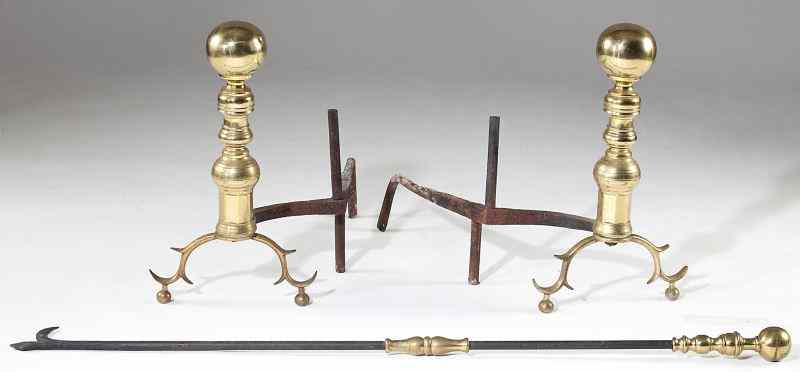 Appraisal: Pair of American Cannonball Andirons th century brass balls atop