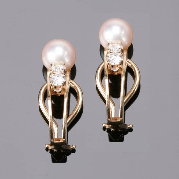 Appraisal: A pair of cultured pearl diamond and k gold ear