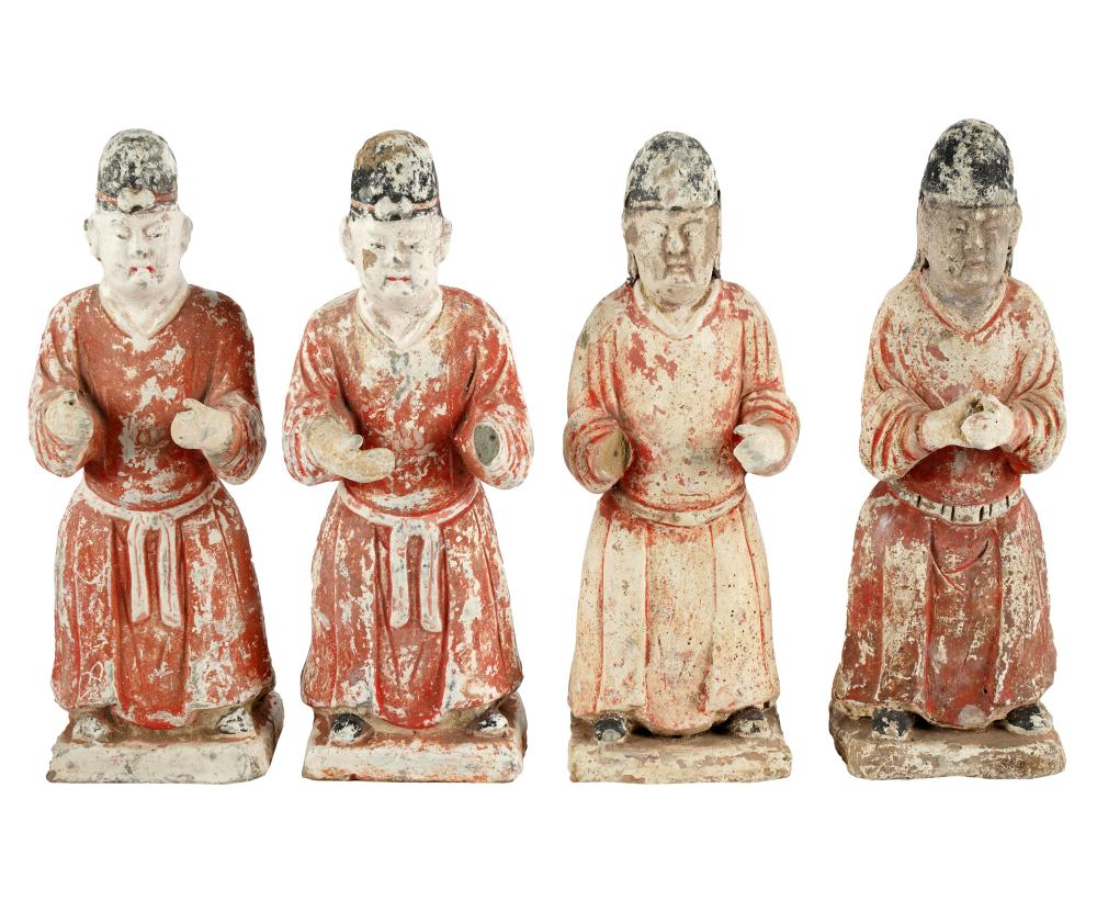 Appraisal: FOUR CHINESE PAINTED POTTERY FIGURESunsigned Condition two figures with damage