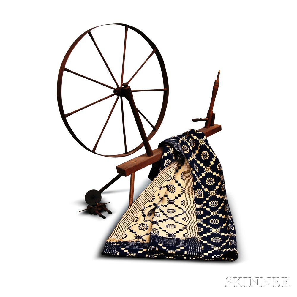 Appraisal: Turned Spinning Wheel and a Blue and White Woven Coverlet