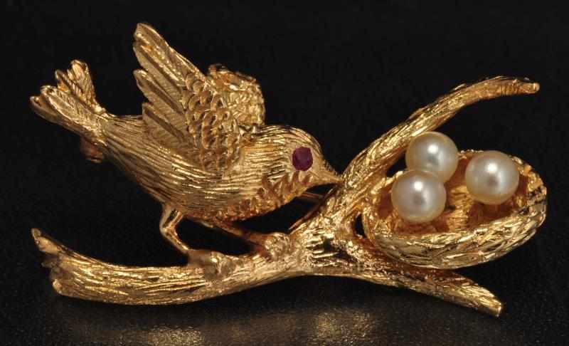 Appraisal: K Y Gold Ruby Pearl Bird on Tree Branch Pin