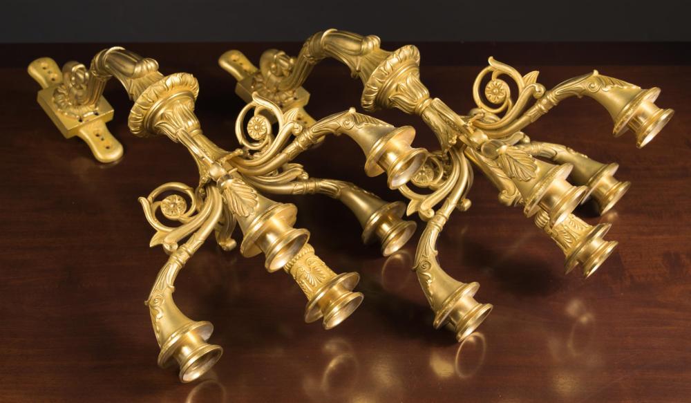 Appraisal: PAIR OF FRENCH GILT BRONZE CANDELABRA WALL SCONCES five lights