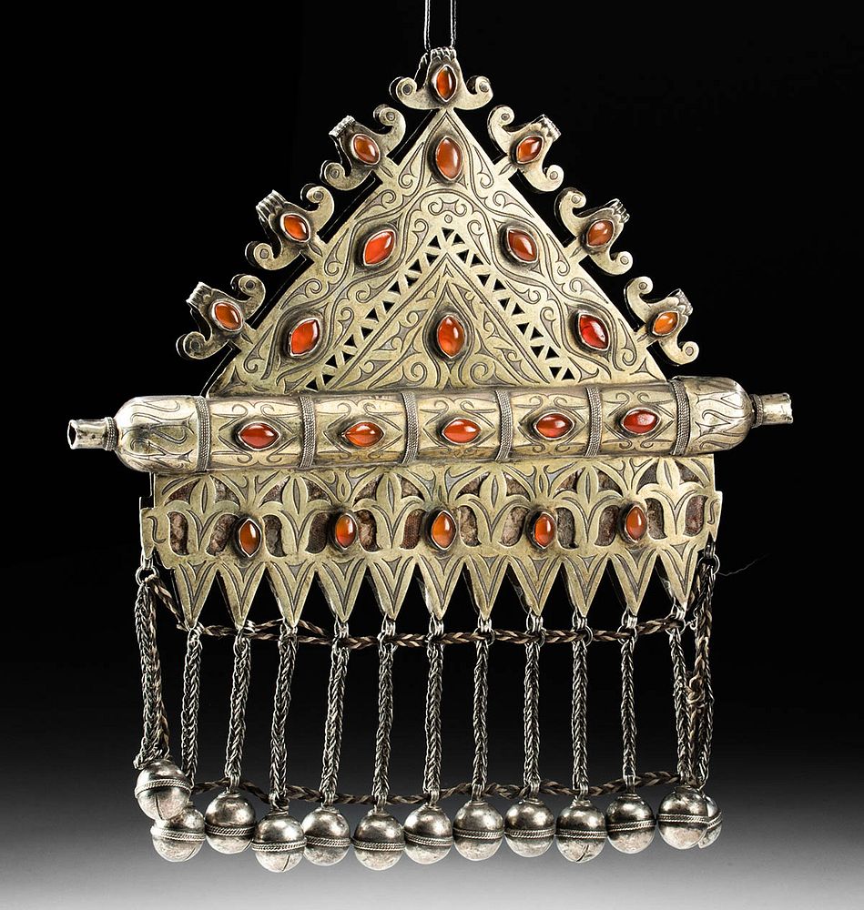 Appraisal: Large th C Turkoman Gilt Silver Carnelian Pendant Central Asia