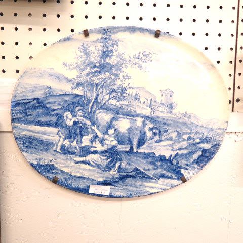 Appraisal: Antique Delft Plaque with Farmers Cowin Landscape oval approx x