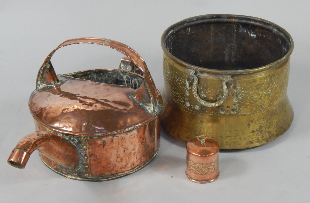 Appraisal: A Victorian copper watering can cm high copper jam pot