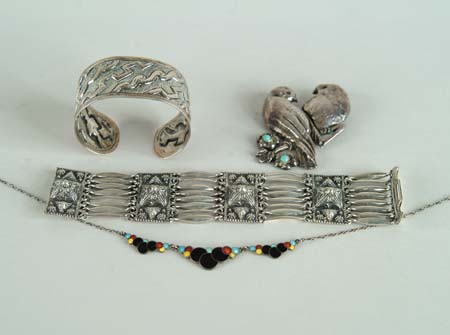 Appraisal: FOUR SILVER JEWELRY PIECES Large Mexican sterling double parrot pin