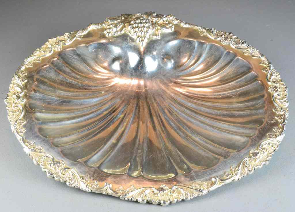 Appraisal: Large Old Sheffield Plate Serving TrayUnusually large shell tray with