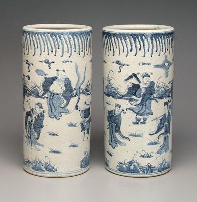 Appraisal: Pair Chinese cylindrical vases blue and white textured surface The