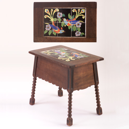 Appraisal: TAYLOR Tile-top sewing table with a six-tile panel depicting birds