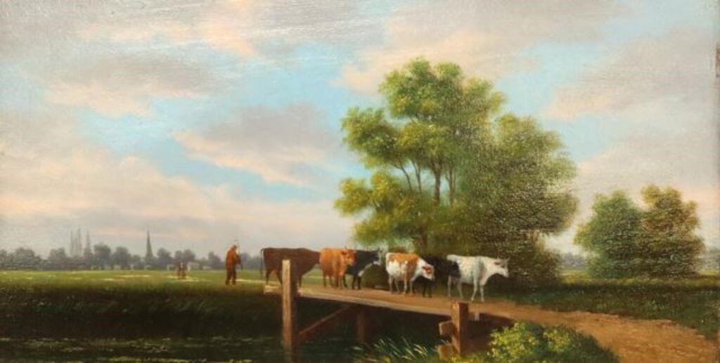 Appraisal: Framed oil on board painting Pastoral Landscape with Cattle signed