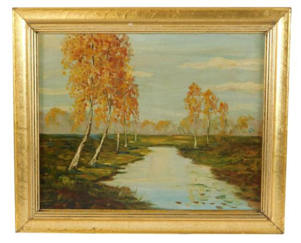 Appraisal: Unsigned oil on board early th C landscape depicts row