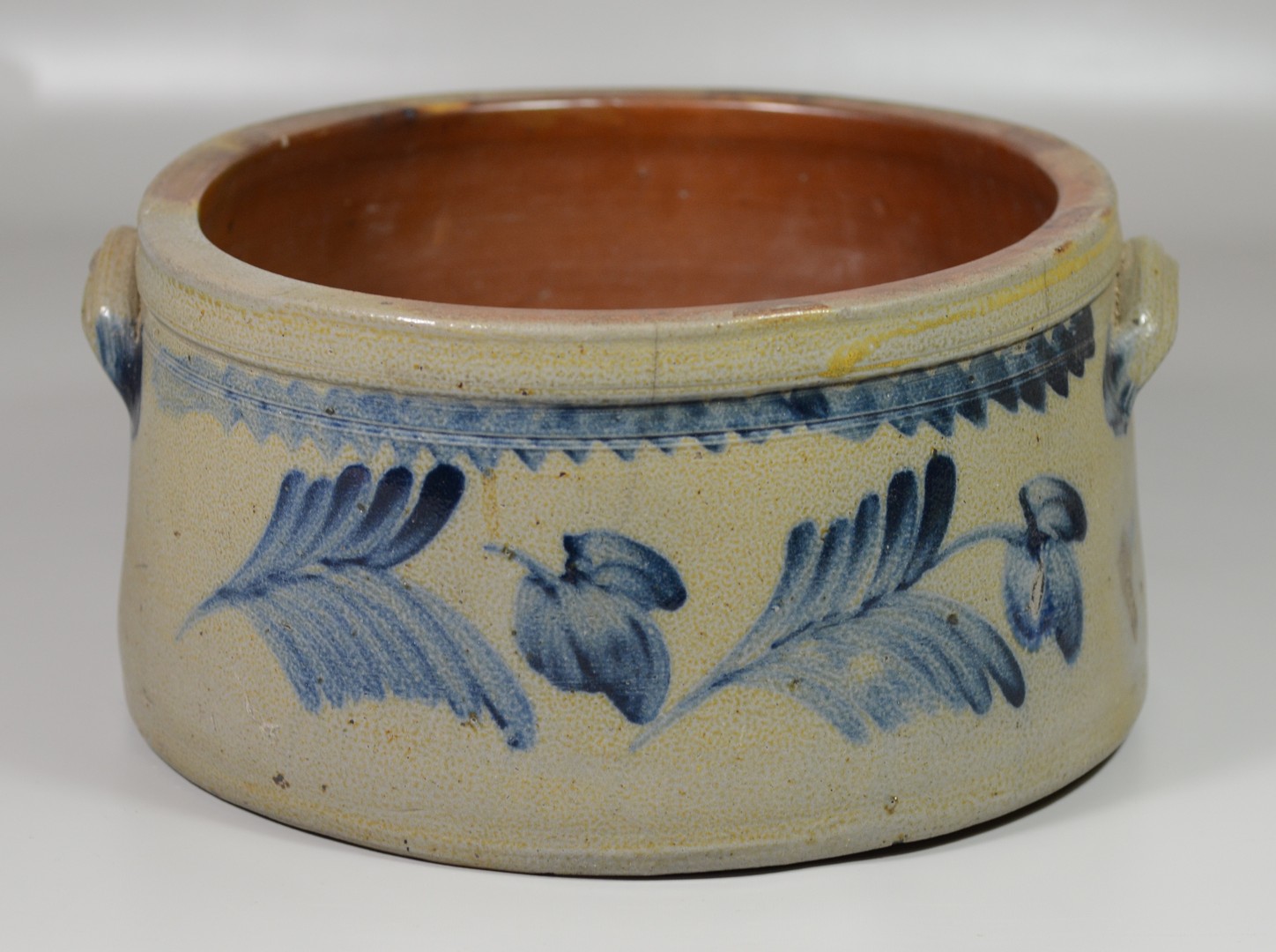 Appraisal: Gallon blue decorated stoneware crock multiple cracks impressed - h