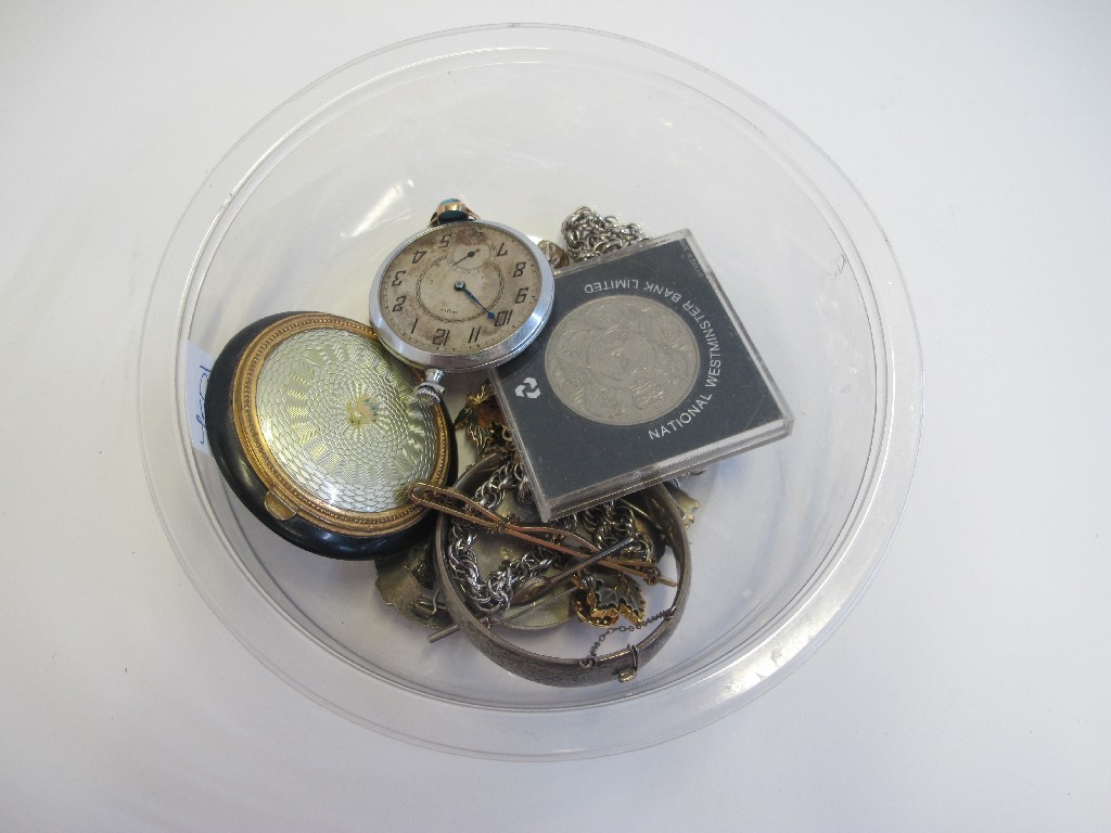 Appraisal: A box of miscellania - compact pocket watch coins costume