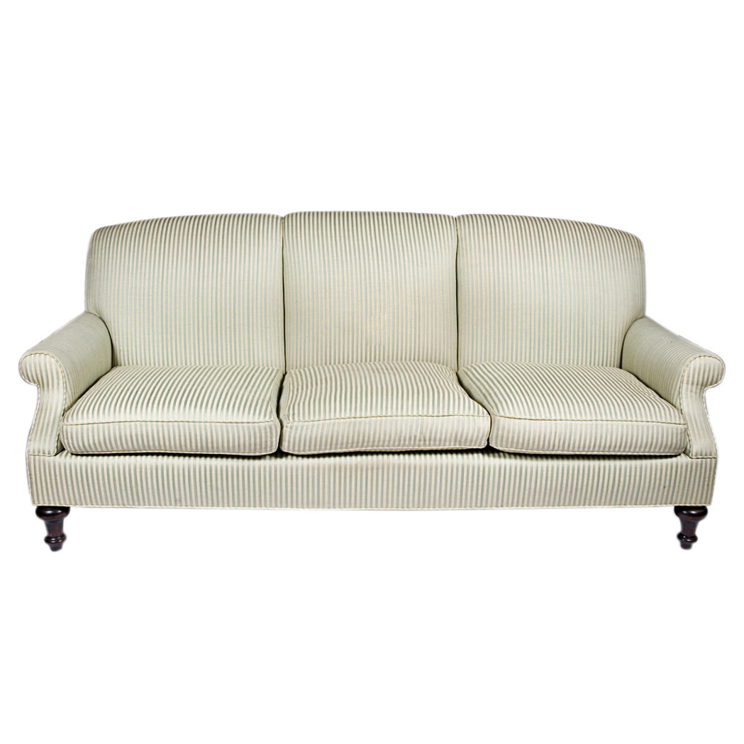 Appraisal: Green and Cream Striped Upholstered Sofa Length feet inches