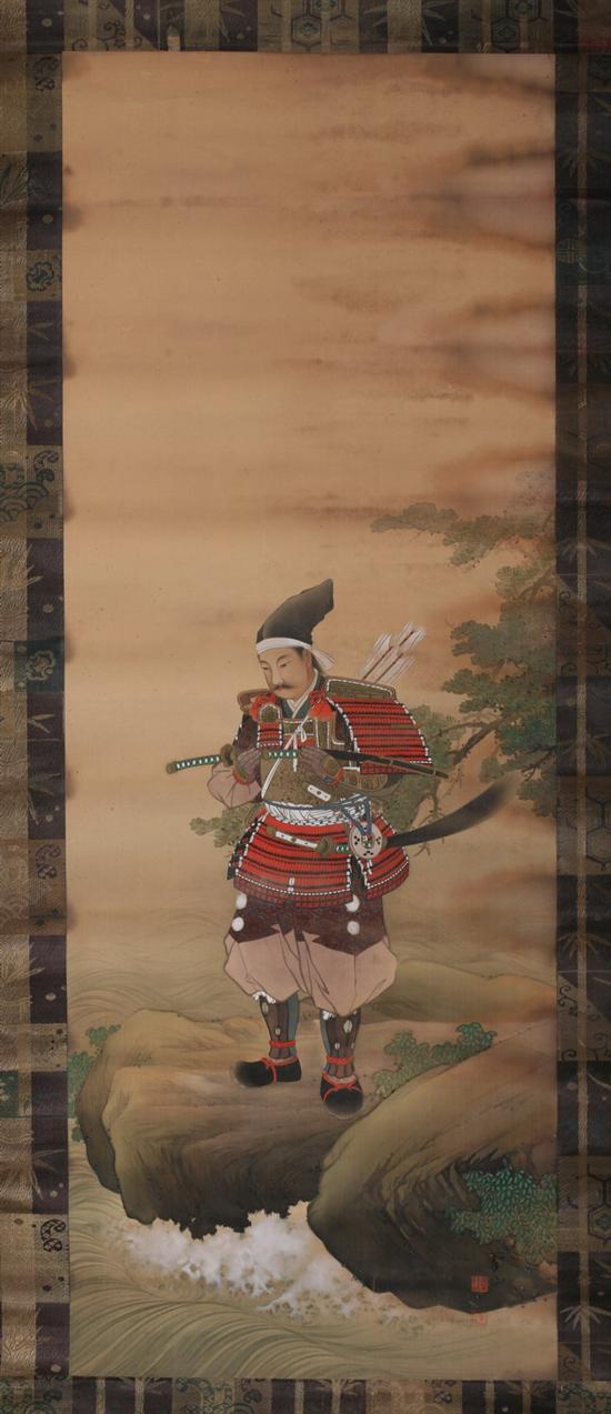 Appraisal: JAPANESE SCHOOL SAMURAI BY WATER Color and ink on silk