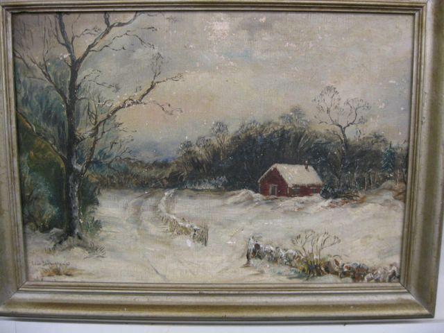 Appraisal: Arlene Blankenship Oil on Canvas winter landscape with cabin image