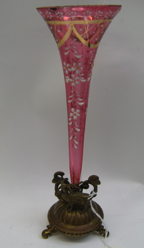 Appraisal: AMERICAN CRANBERRY GLASS TRUMPET VASE hand painted white enamel decoration