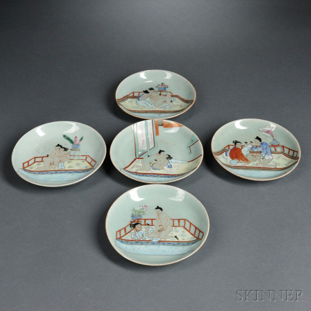 Appraisal: Set of Five Celadon Erotic Plates China th century depicting