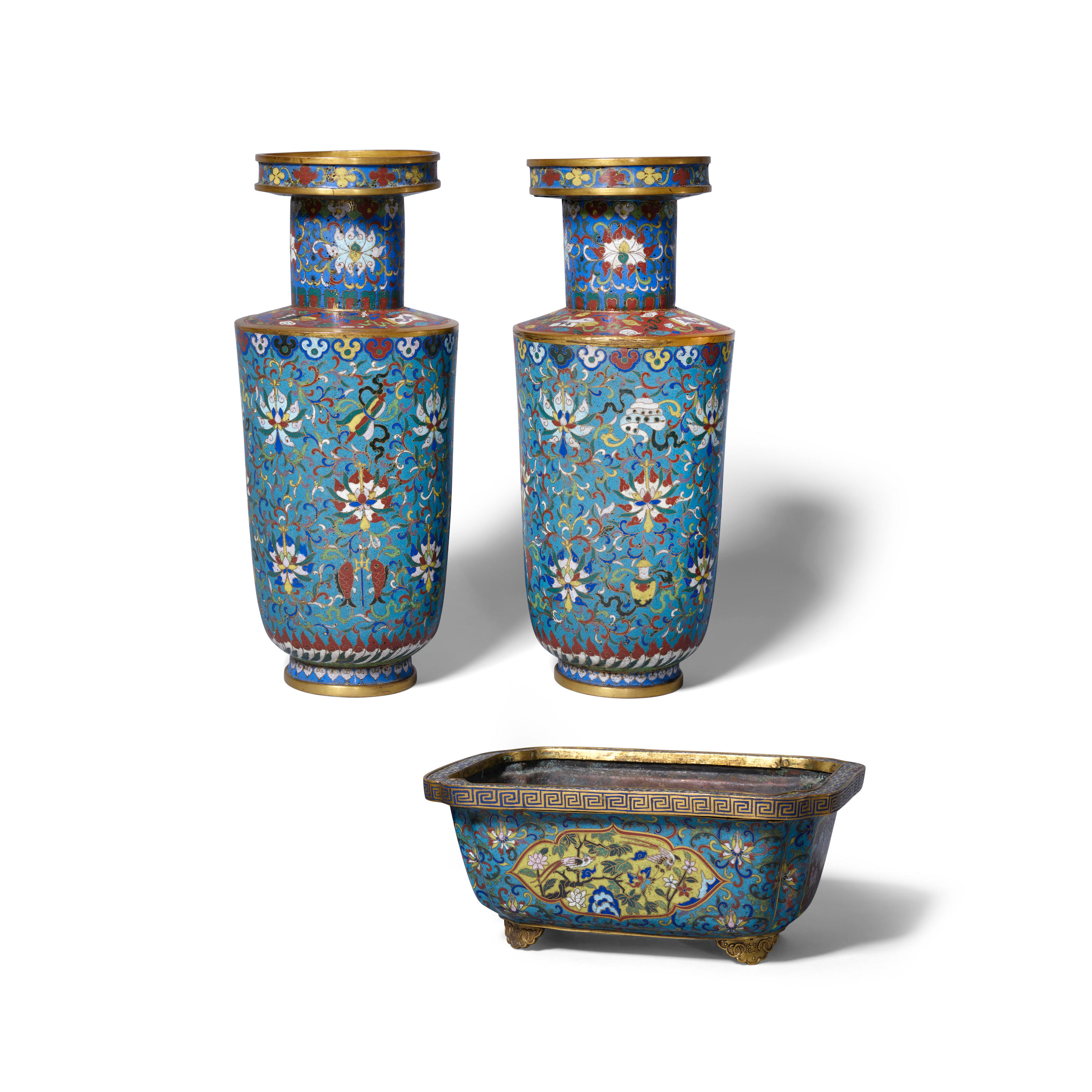 Appraisal: THREE TURQUOISE-GROUND CLOISONN WARES Early th century Early th century