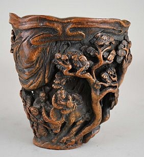 Appraisal: CHINESE CARVED BAMBOO BRUSHPOTIn the form of a horn carved