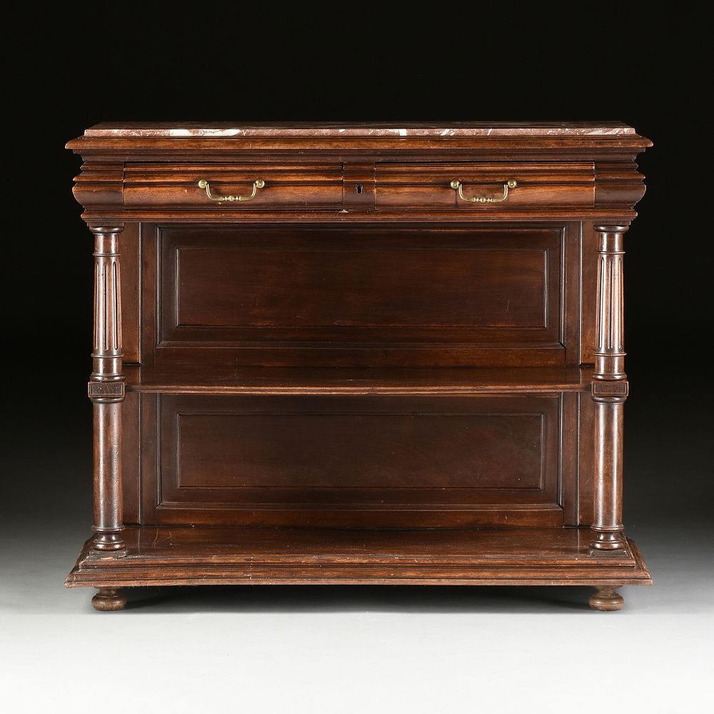 Appraisal: A NEOCLASSICAL REVIVAL MARBLE TOPPED WALNUT SIDEBOARD POSSIBLY FRENCH LAST