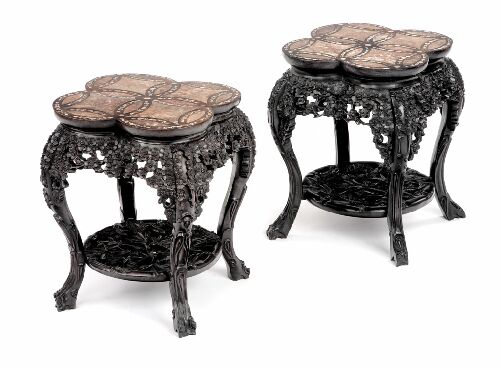 Appraisal: A pair of Chinese hardwood marble and mother-of-pearl inlaid stands