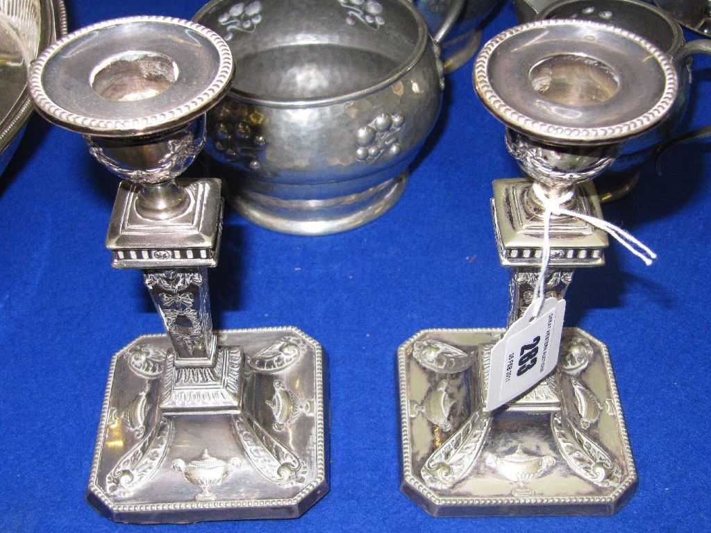 Appraisal: Pair of silver plated candl