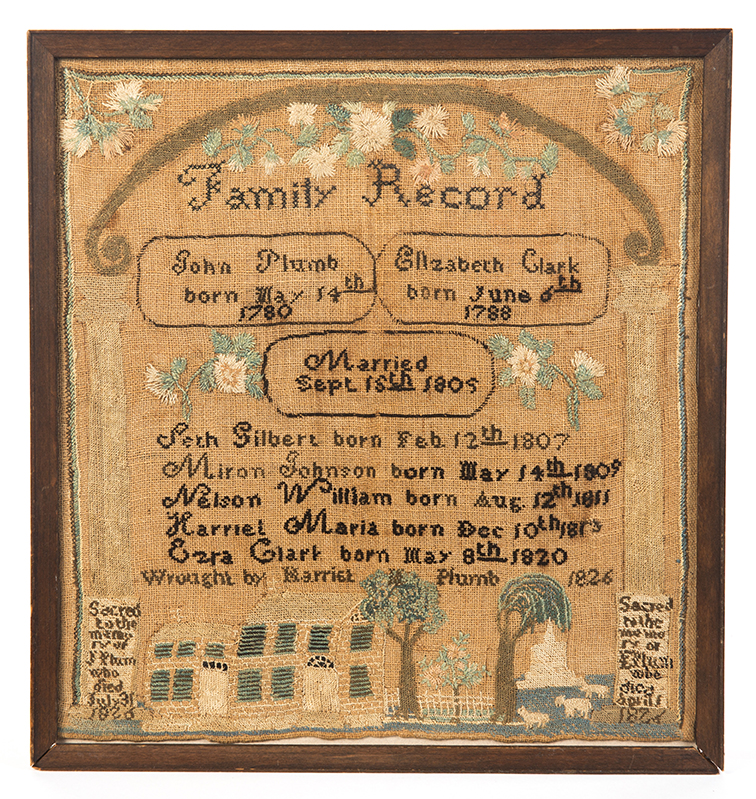 Appraisal: CONNECTICUT FAMILY RECORD SAMPLER Silk on linen Records the births