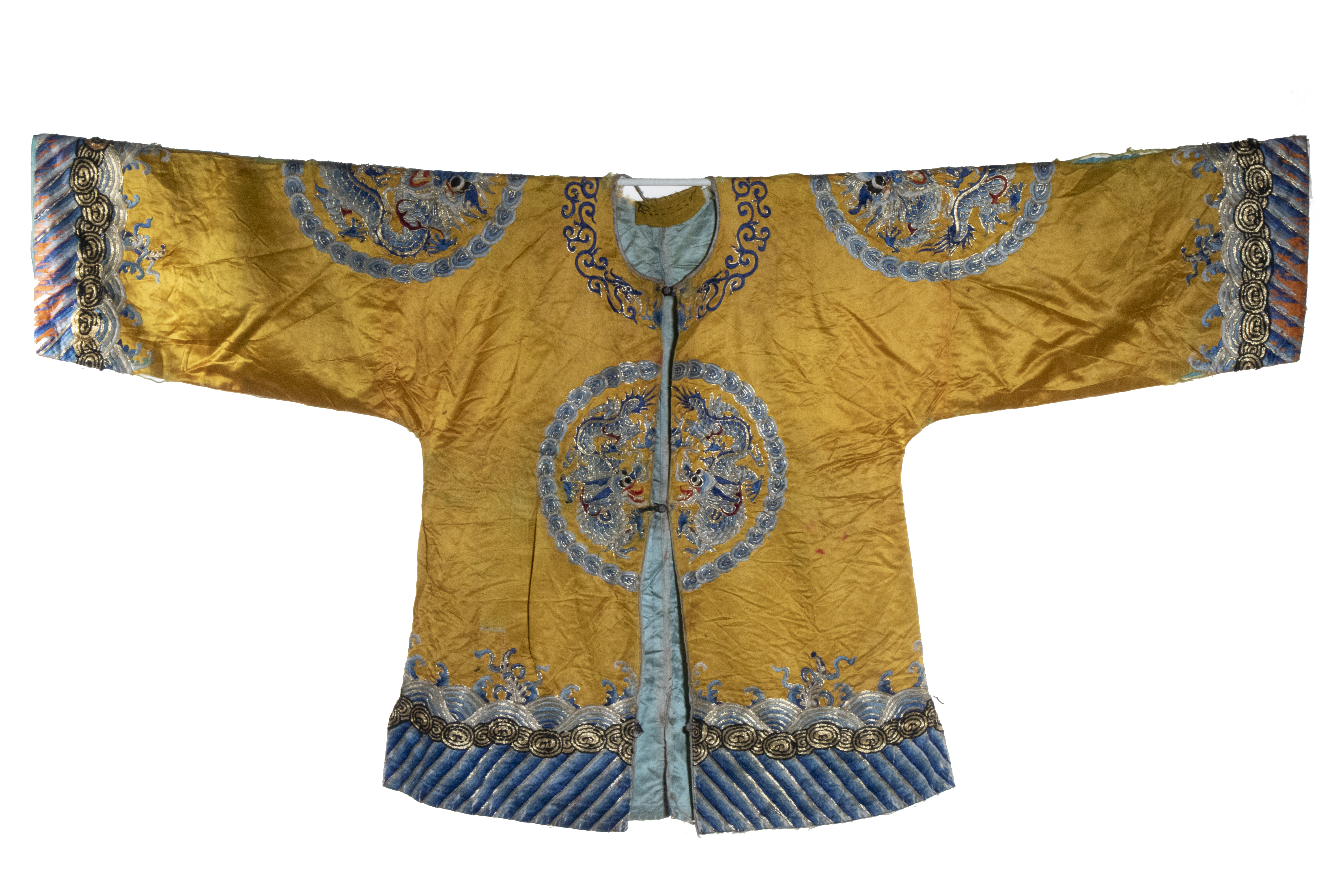 Appraisal: CHINESE SILK JACKET Gold Brocade with blue dragons wave sleeve