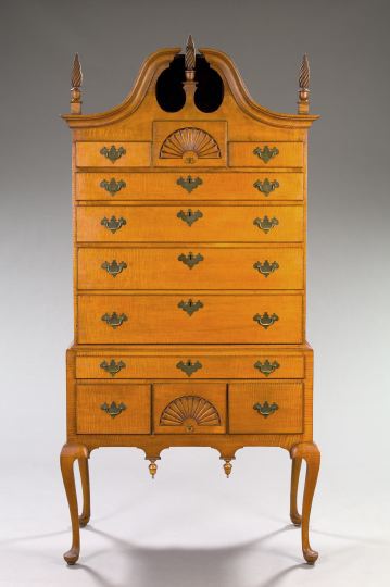 Appraisal: American Queen Anne-Style Tiger Maple Bonnet-Top High Chest of Drawers