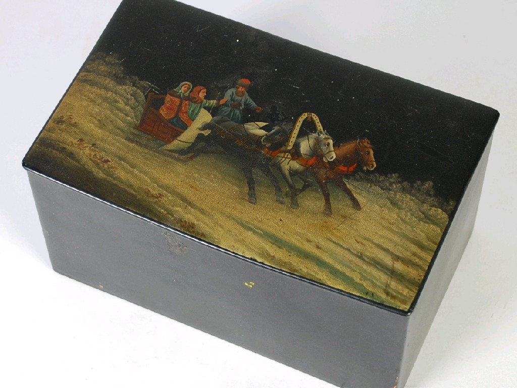 Appraisal: RUSSIAN LATE NINETEENTH CENTURY BLACK LACQUERED OBLONG TEA CADDY the