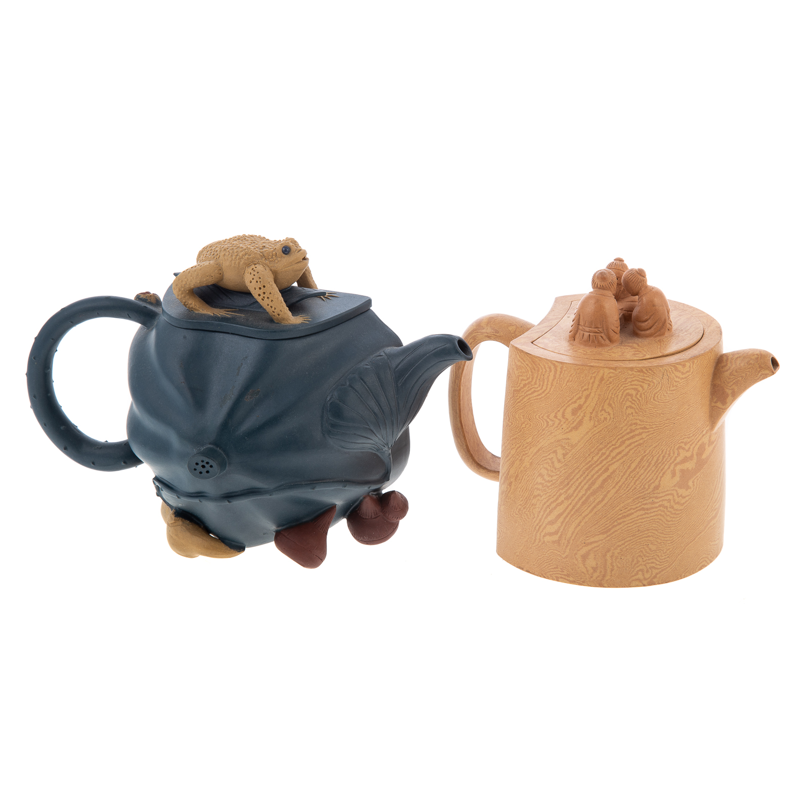 Appraisal: TWO CHINESE YIXING CLAY TEAPOTS Whimsical multicolor clay pot with