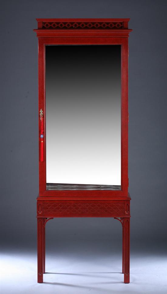 Appraisal: CONTEMPORARY CHINESE CHIPPENDALE STYLE RED LACQUERED VITRINE CABINET ON STAND