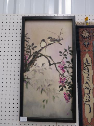 Appraisal: Oriental Painting of Birds Wisteria signed on canvas image area