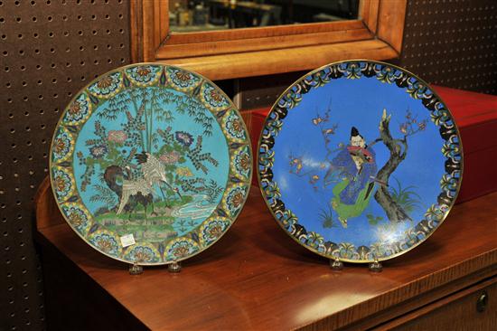 Appraisal: TWO JAPANESE CLOISONNE CHARGERS Likely Meiji Period One depicting storks