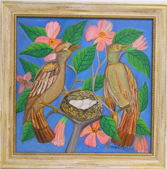 Appraisal: Pierre Joseph Valcin acrylic on masonite Two Birds Pink Flowers