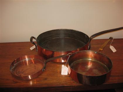 Appraisal: Three copper sauce pans th th century With iron handles